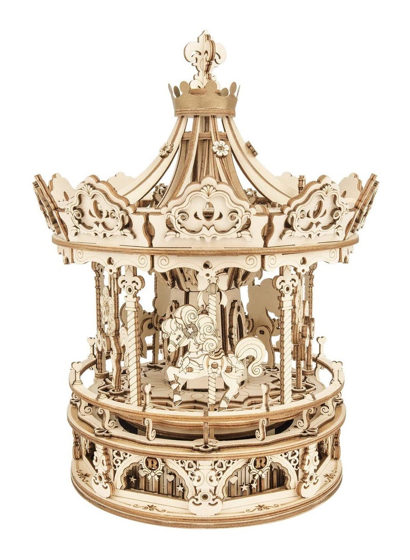 أطقم بناء نموذج دائري من الألغاز الخشبية ثلاثية الأبعاد ، صندوق موسيقي دوار 5 خيول ، هدية عيد ميلاد مثالية - Image 1